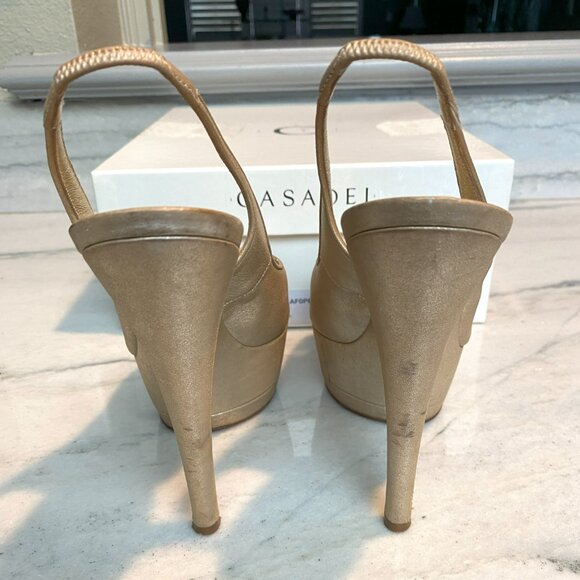 CASADEI Aluminum Caramel Peep Toe Platform Leather Heels Size 7-1/2 - Picture 5 of 9